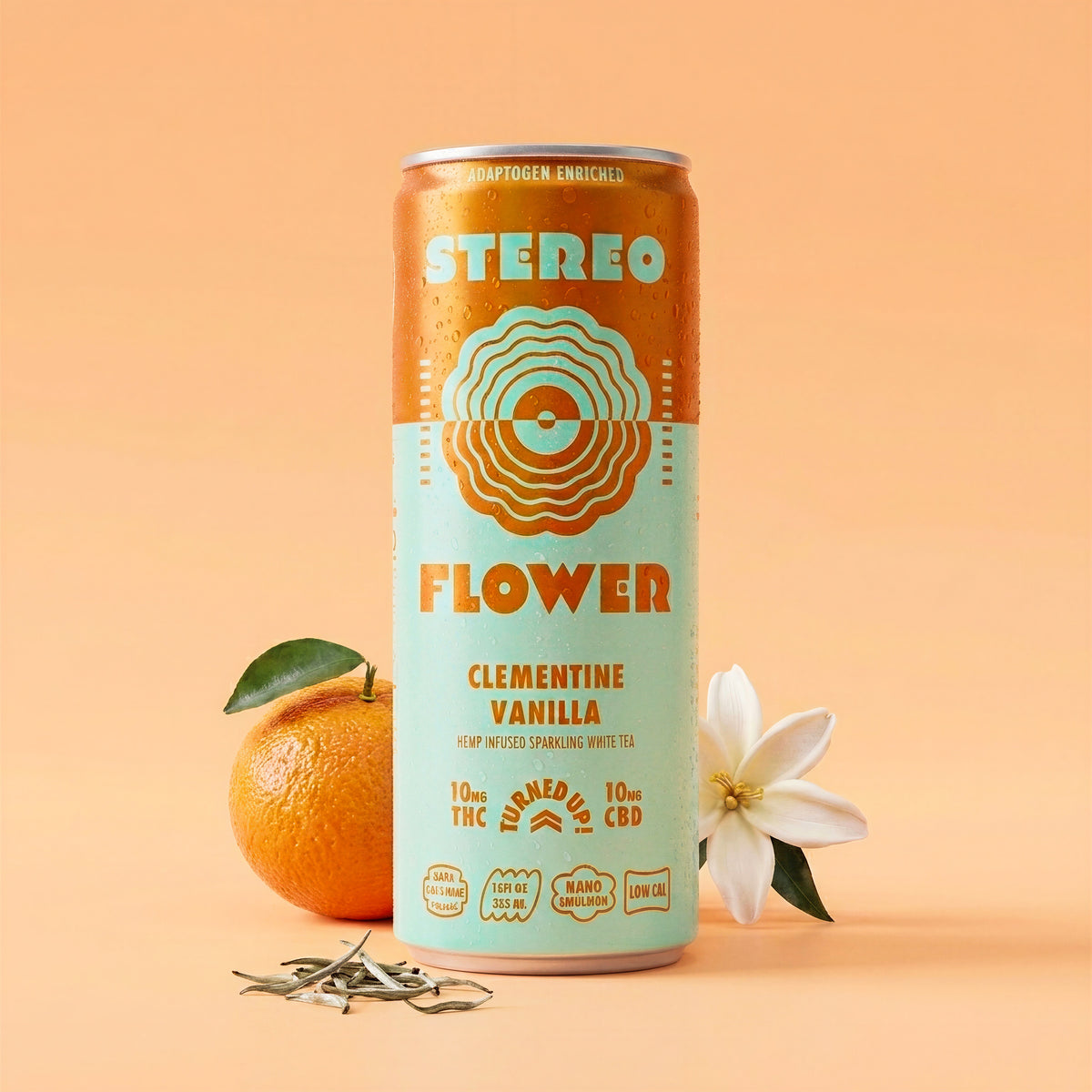Main - Canned drink with 'Stereo Flower' branding on an orange background with an orange and flower. - 7