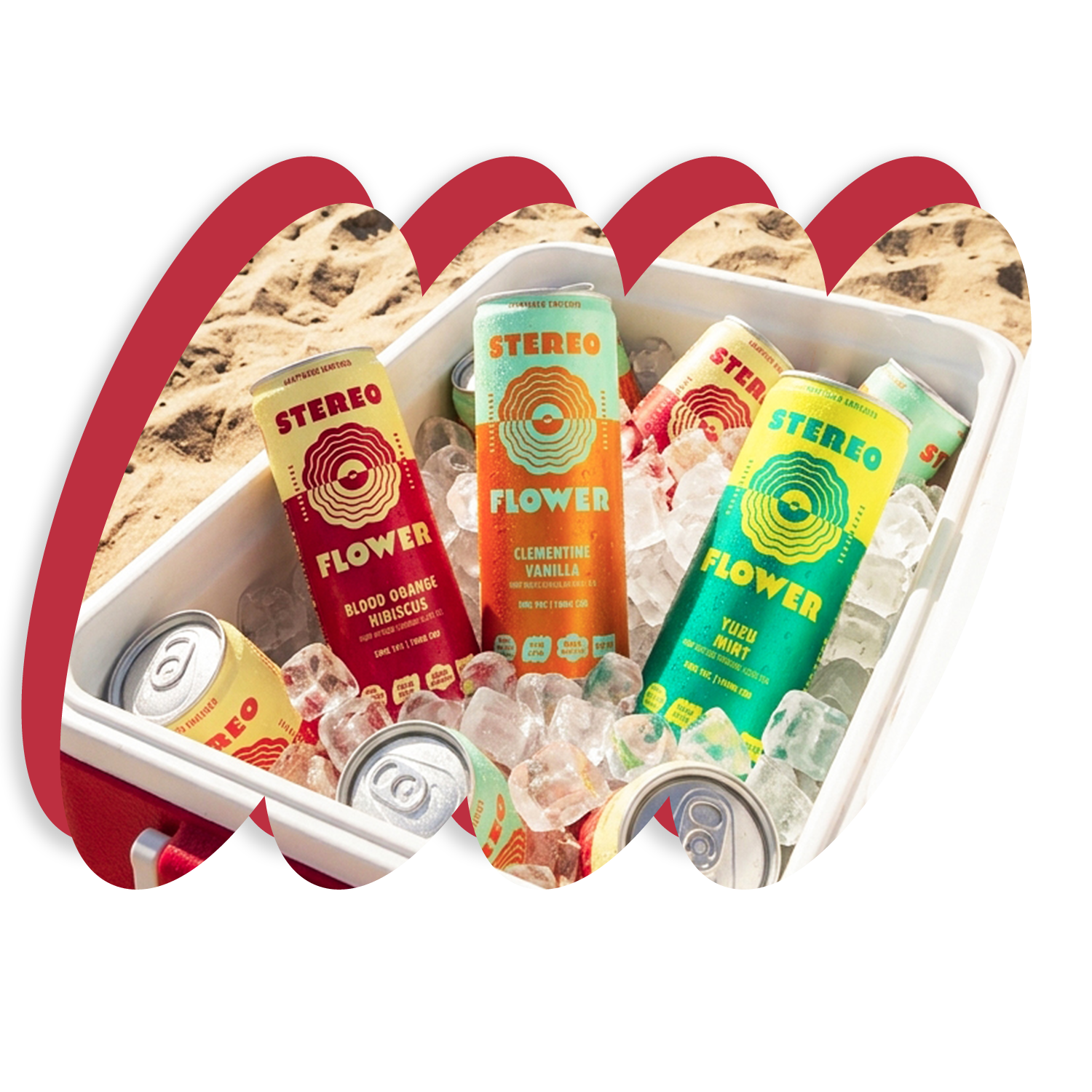 Assorted cans of Stereo Flower drinks in a cooler with ice, surrounded by sand.