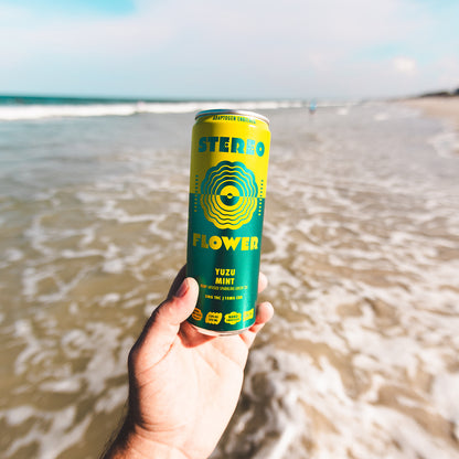 Thumbnail - A hand holding a can of Sterno Flower Yuzu Mint non-alcoholic beverage against a blurred beach background. - 2