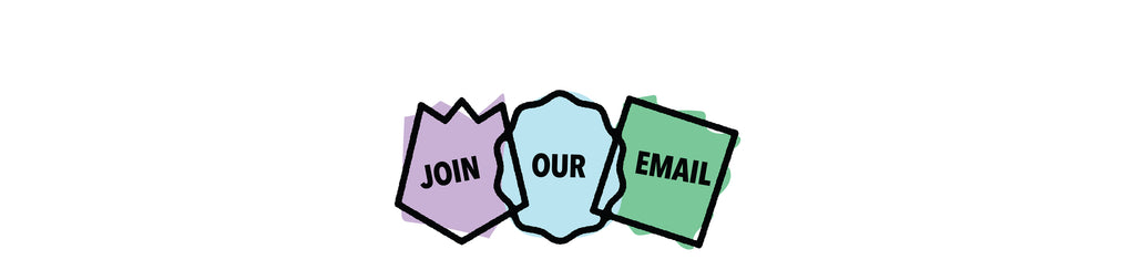 Three stylized ticket-shaped badges on a white background reading 'JOIN', 'OUR', and 'EMAIL' in black text, with purple, light blue, and green fills.